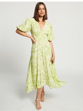 Faithfull The Brand Vittoria Midi Dress Roos Tie Dye Lime XS Puff Sleeve Bali